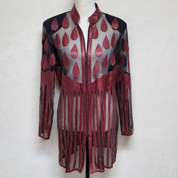 VINTAGE Stillman Studio Cognac Lamb Leather Teardrop Stripe Mesh Mini Dress Med - Picture 4 of 13